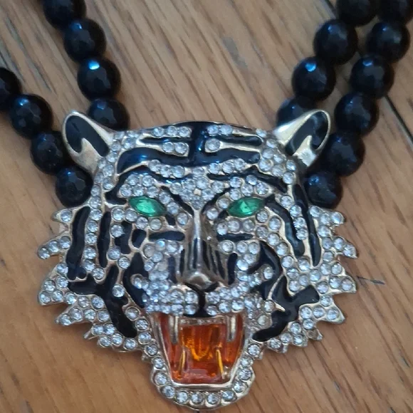 Black Beaded Necklace with Tiger Pendant - Picture 2 of 3